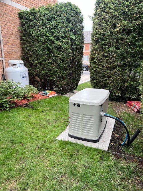 A generator is sitting in the grass next to a propane tank.