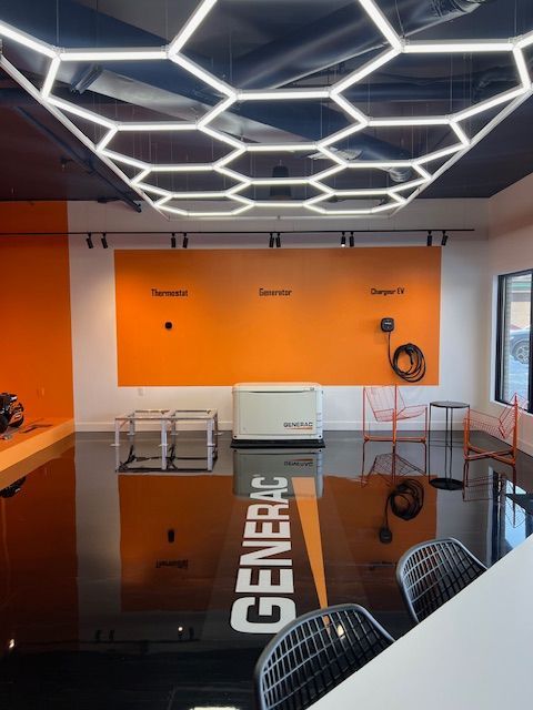 Modern office with hexagonal ceiling lights, orange accent wall, chairs, and glossy floor reading “GENERIC.”