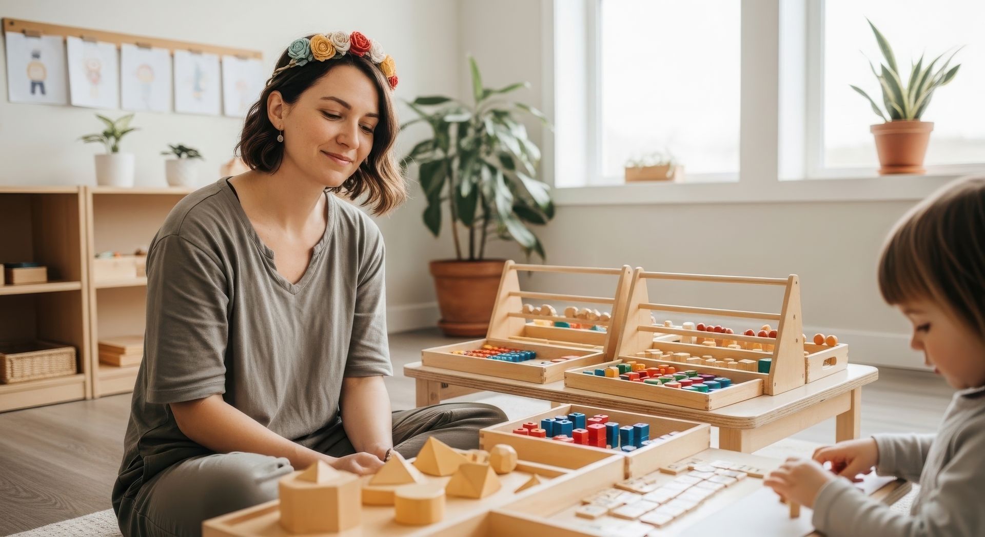 A teacher and child use colorful wooden counting materials on a low table for Montessori education.