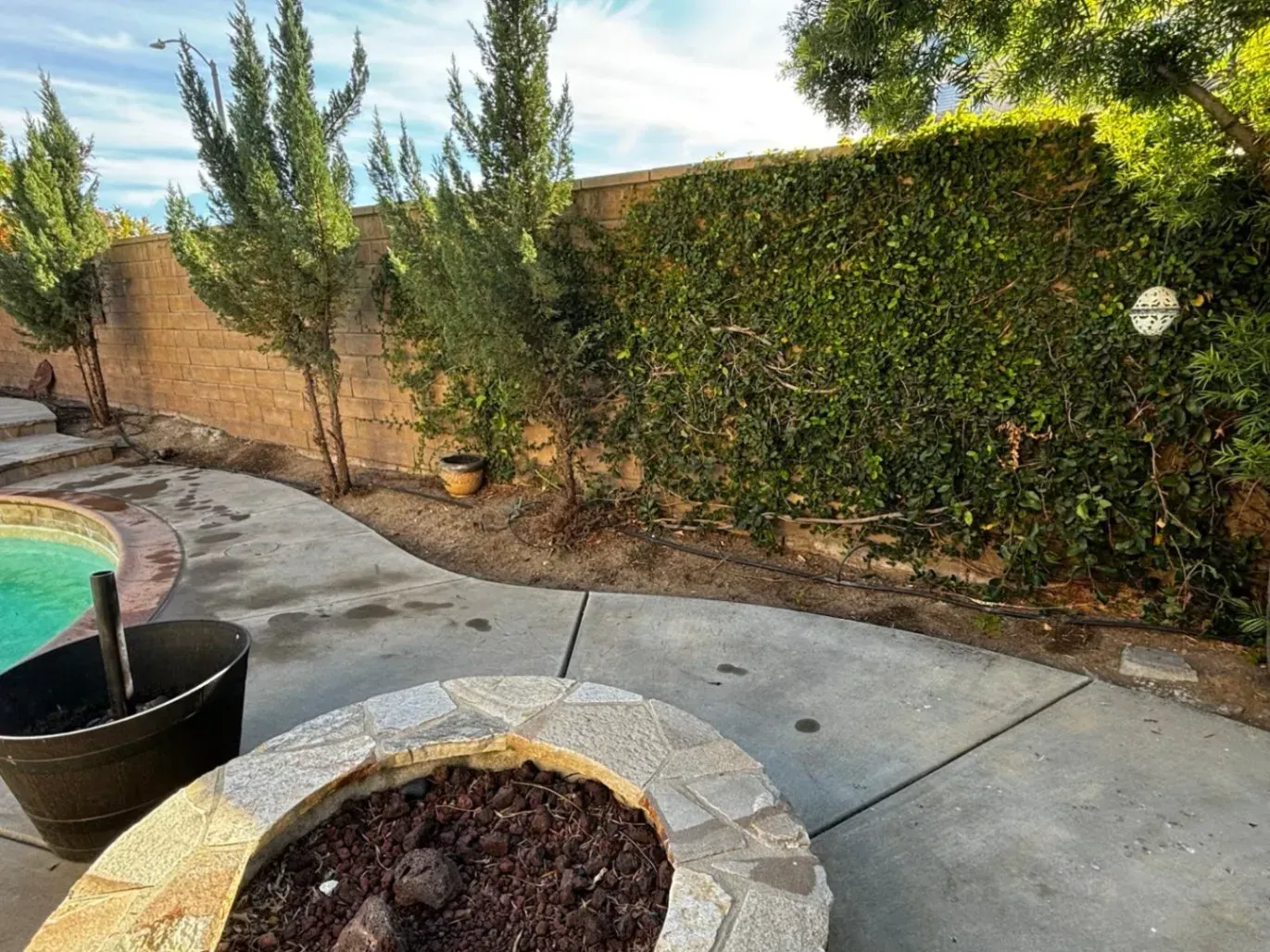 Backyard with a stone fire pit, pool, concrete path, and green ivy wall.