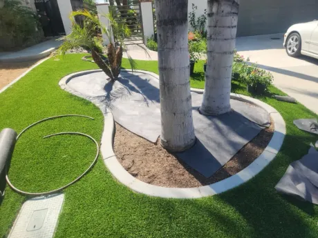 Artificial turf landscaping with trees, cement curb, gray pavers and a white car in the background.