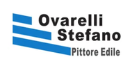 Logo per Ovarelli Stefano Pittore Edile in testo nero e blu con barre diagonali blu.