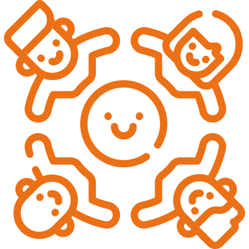 an orange icon with children standing in a circle