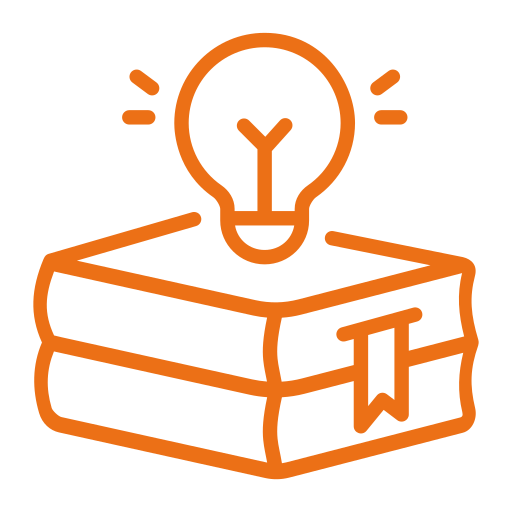 an orange icon of a light bulb on top of books