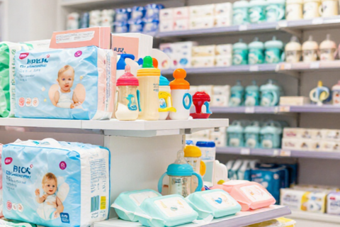 Productos para bebés expuestos en los estantes de la tienda, en un pasillo luminoso y con envases de colores pastel.