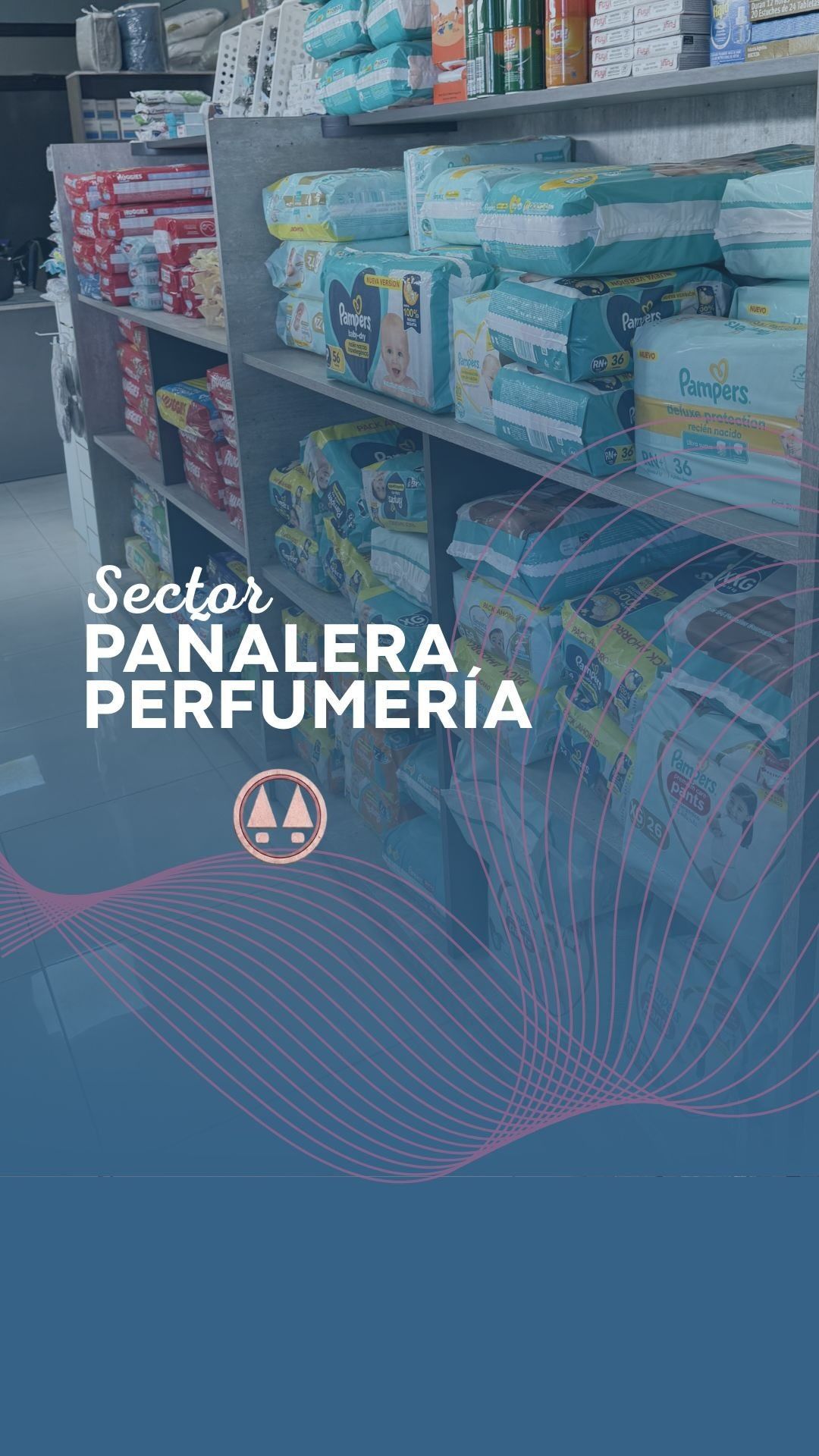 Pasillo de la sección de Perfumería con estantes de productos envasados ​​y una superposición promocional azul.