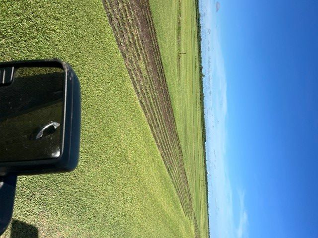 Grassy field with tire tracks under a bright blue sky, seen from a car window mirror
