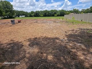 Wide, cleared backyard with mulch, a fence on the right, and trees under a partly cloudy sky.