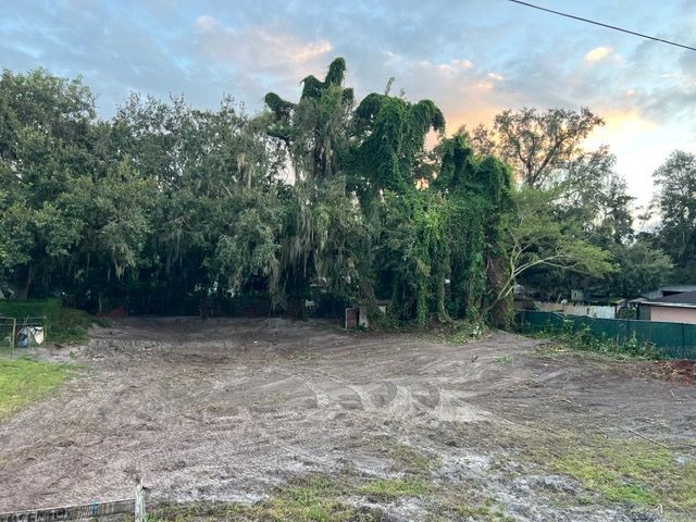Cleared dirt lot beside dense green trees at dusk, with a small house on the right under a cloudy sky