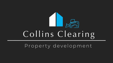 Collins Clearing property development logo with white and blue house icon on dark background
