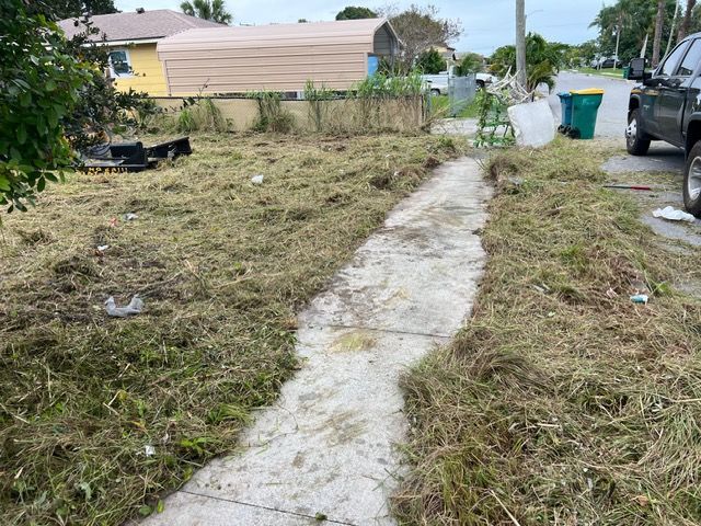 Overgrown front yard with a cracked concrete walkway beside a house and parked truck