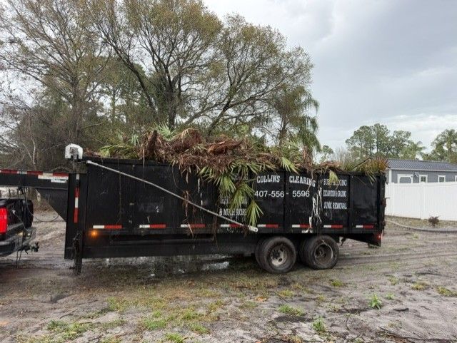 Black dump trailer loaded with tree branches on a wet gravel lot beside trees and a white building