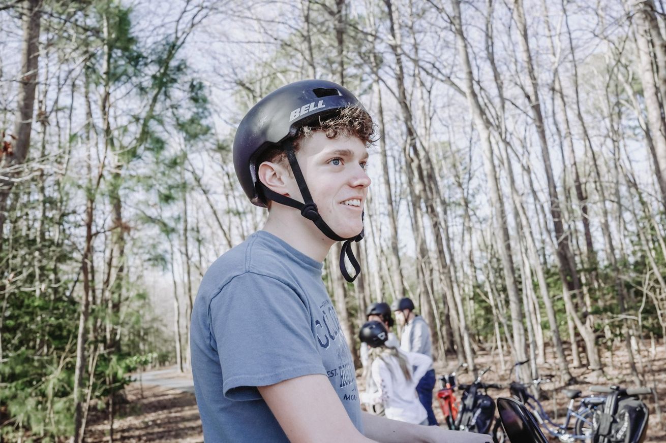 Man and woman riding bikes