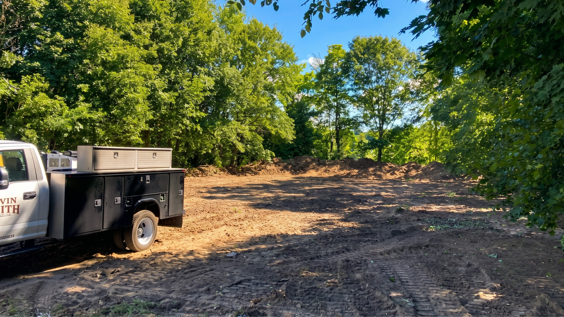Excavators and trucks clearing a dirt lot beside a wooded area in autumn.