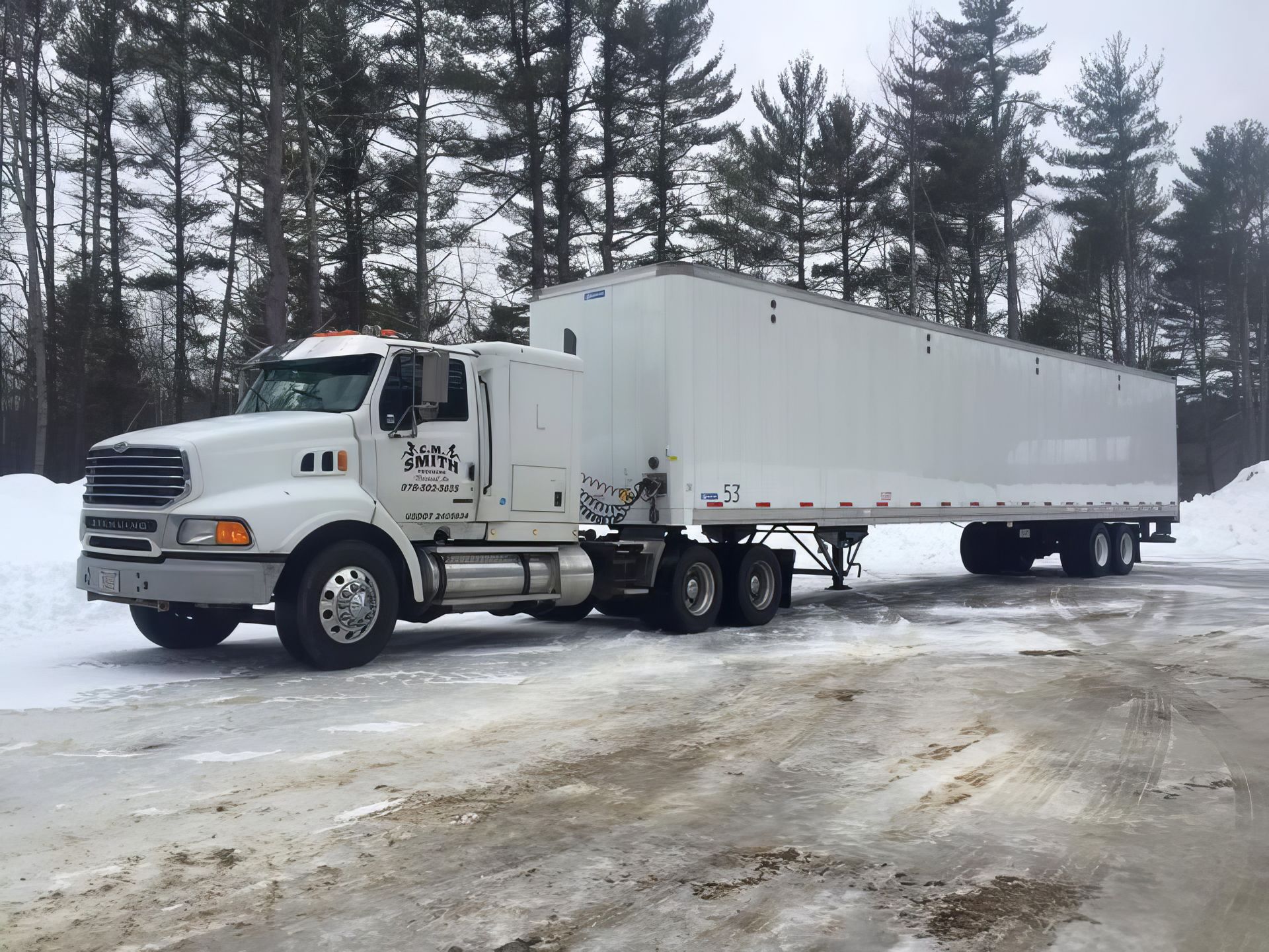 White semi-truck and trailer parked on a snowy road beside leafless and pine trees.