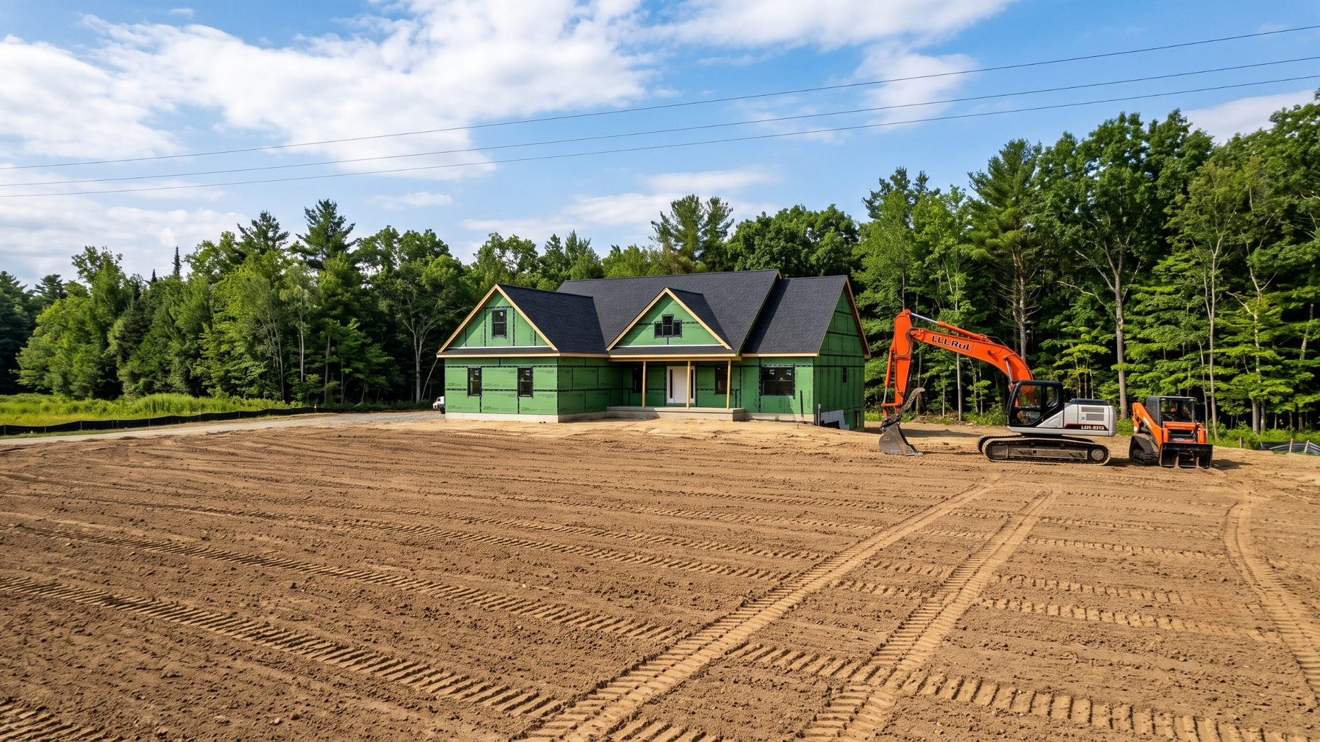 Blue house beside a cleared dirt lot with red excavators and a gravel foreground