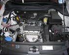 Vano motore dell'auto con vari componenti visibili, tra cui una scatola del filtro dell'aria nera e serbatoi del liquido.