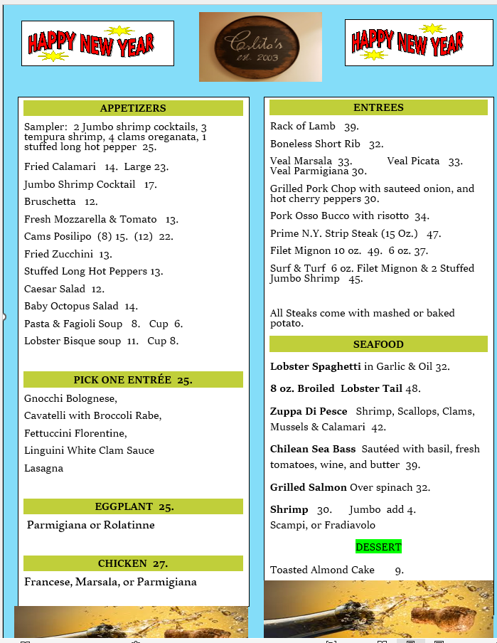 Holiday Menu Carlito's of Woodbury