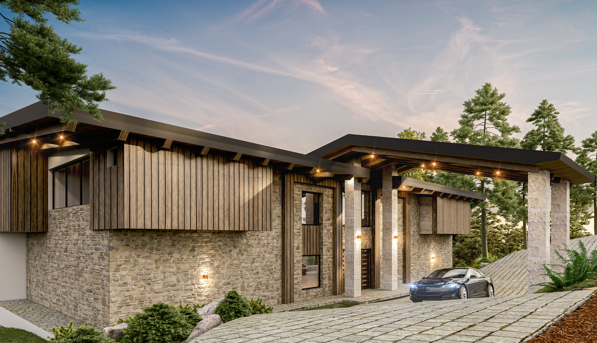 Casa moderna de piedra y madera con entrada en pendiente, vestíbulo iluminado y un coche aparcado al anochecer.