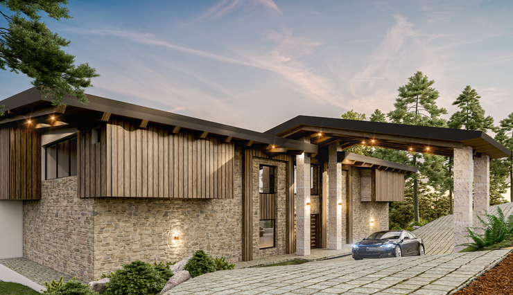 Casa moderna de piedra y madera con entrada en pendiente, vestíbulo iluminado y un coche aparcado al anochecer.