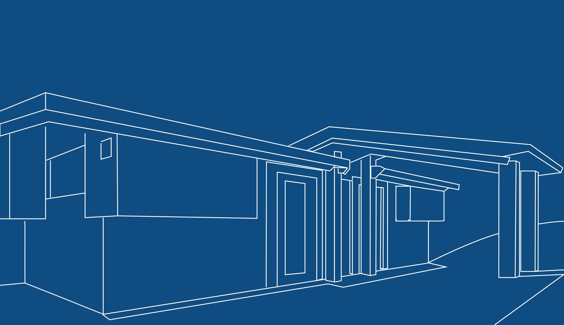 Estructura alámbrica blanca de casas modernas sobre fondo azul, como un boceto arquitectónico.