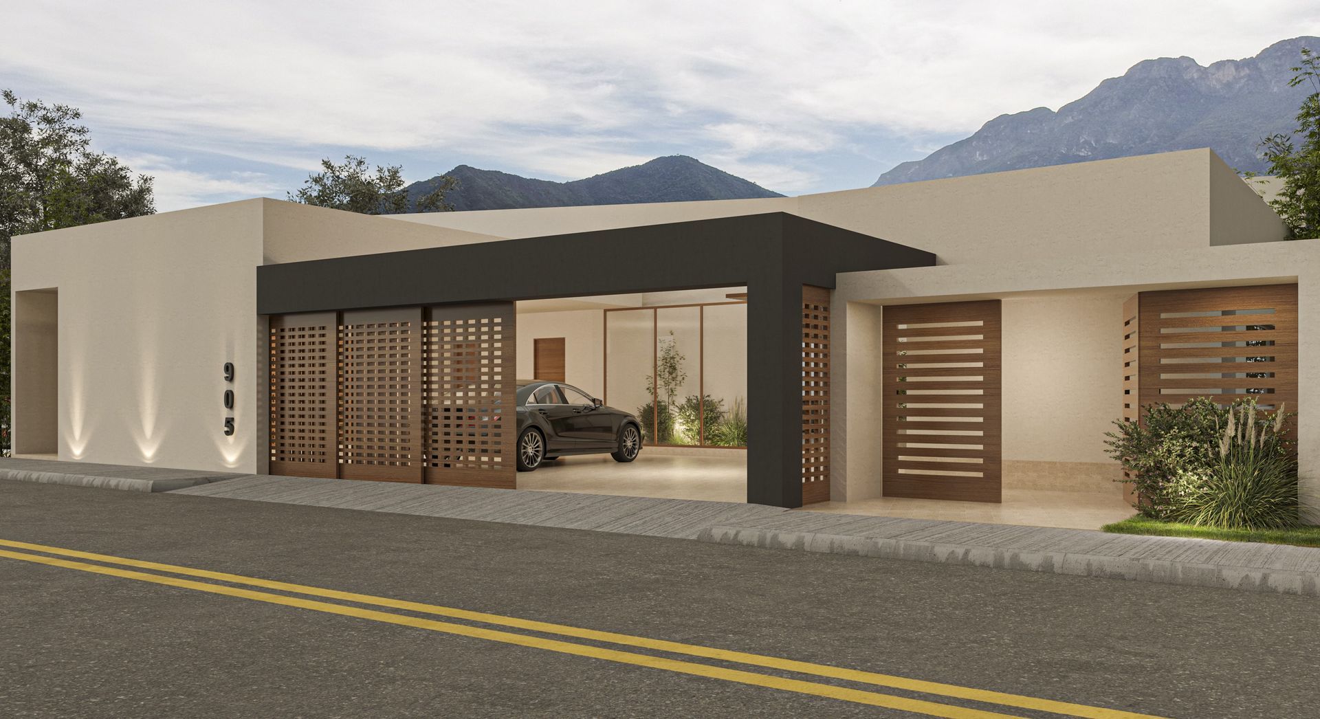 Casa moderna de color beige con cochera, puerta de madera y montañas al fondo.