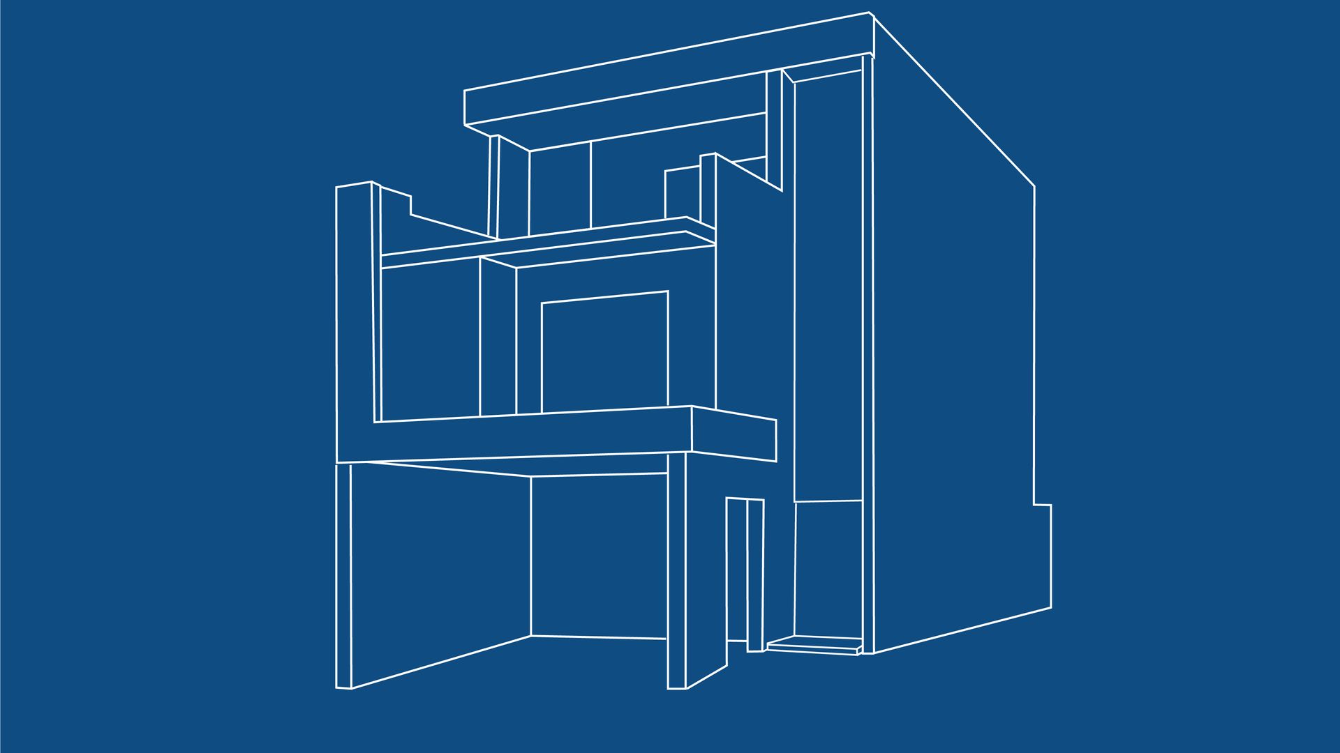 Boceto arquitectónico en blanco y negro de un edificio moderno sobre fondo azul.