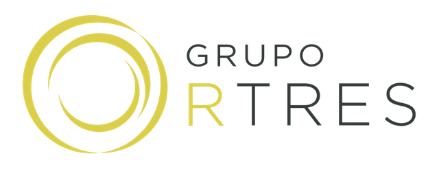 Logotipo de Grupo RTRES con círculos concéntricos dorados y texto gris sobre fondo blanco.