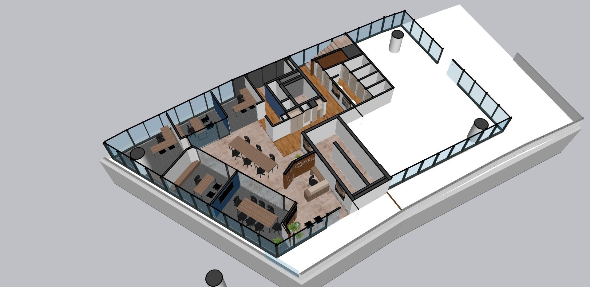 Plano 3D del interior de un edificio moderno con habitaciones, pasillos y grandes ventanales.