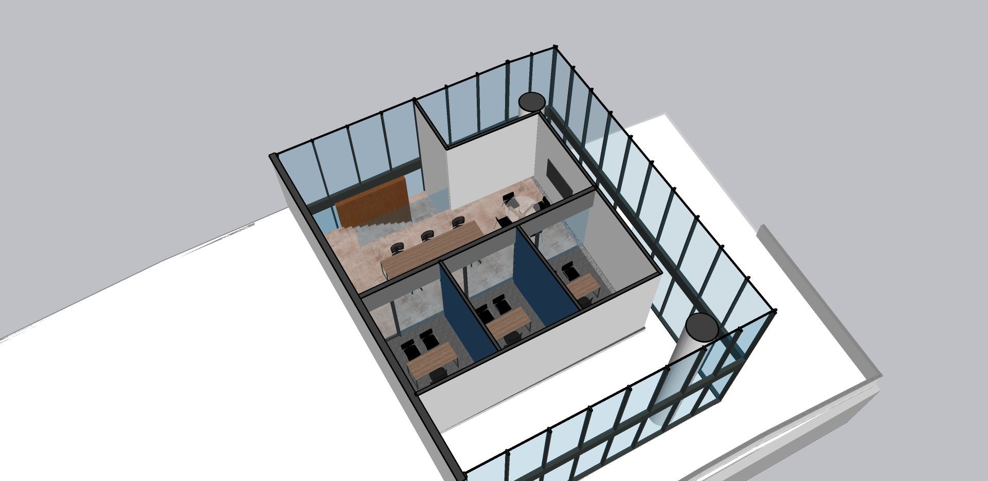 Plano 3D de un apartamento moderno con paredes exteriores de cristal y habitaciones visibles en el interior.