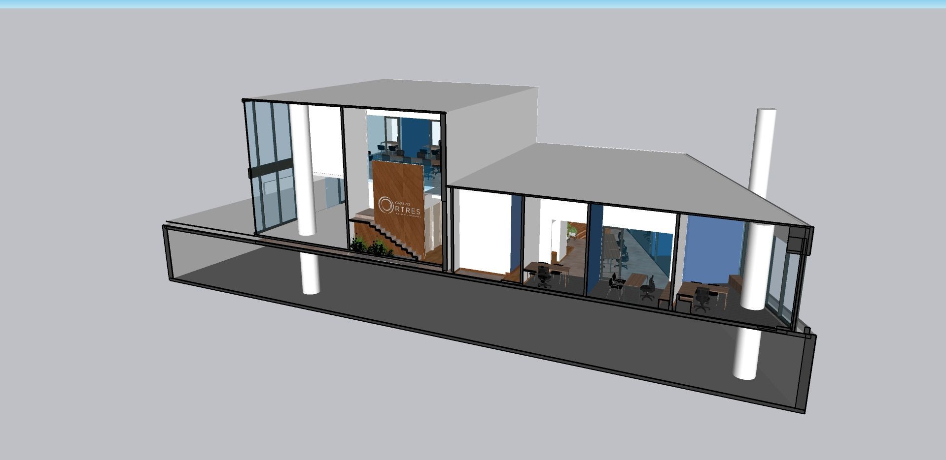 Representación arquitectónica en 3D del interior de un edificio moderno con fachada de cristal sobre una plataforma elevada.
