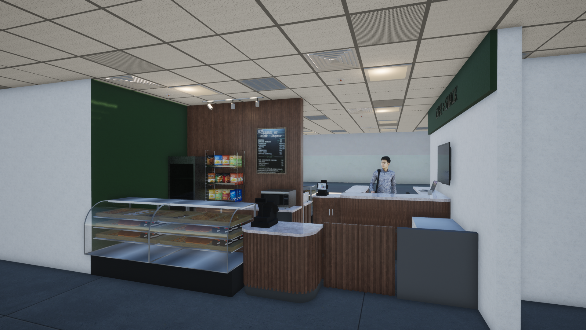 Interior de cafetería moderna con mostrador, vitrina y una persona detrás de la caja.