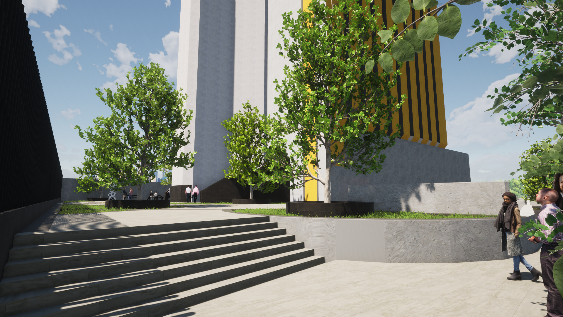 Patio de un edificio moderno con amplias escaleras, árboles y dos personas caminando cerca de una plaza ajardinada.
