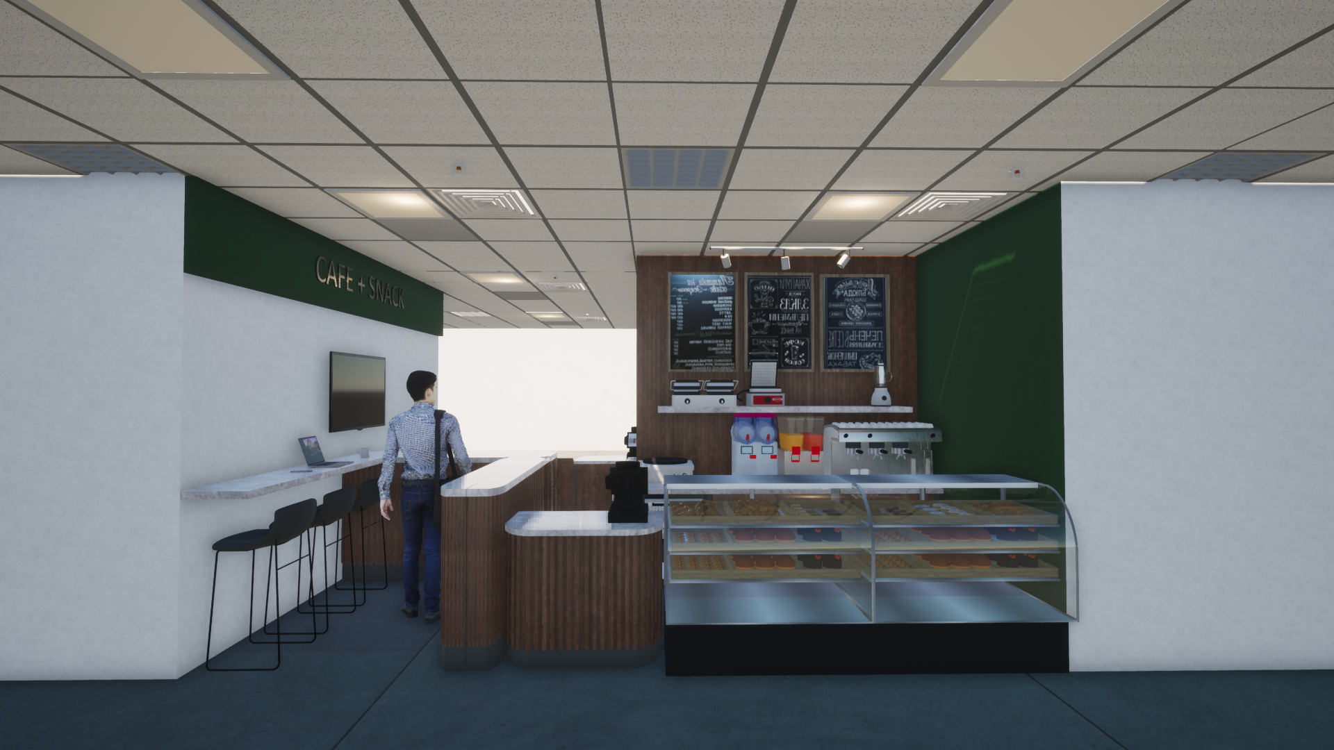 Mostrador de cafetería moderno con vitrina, pizarra de menú y una persona detrás de la caja.