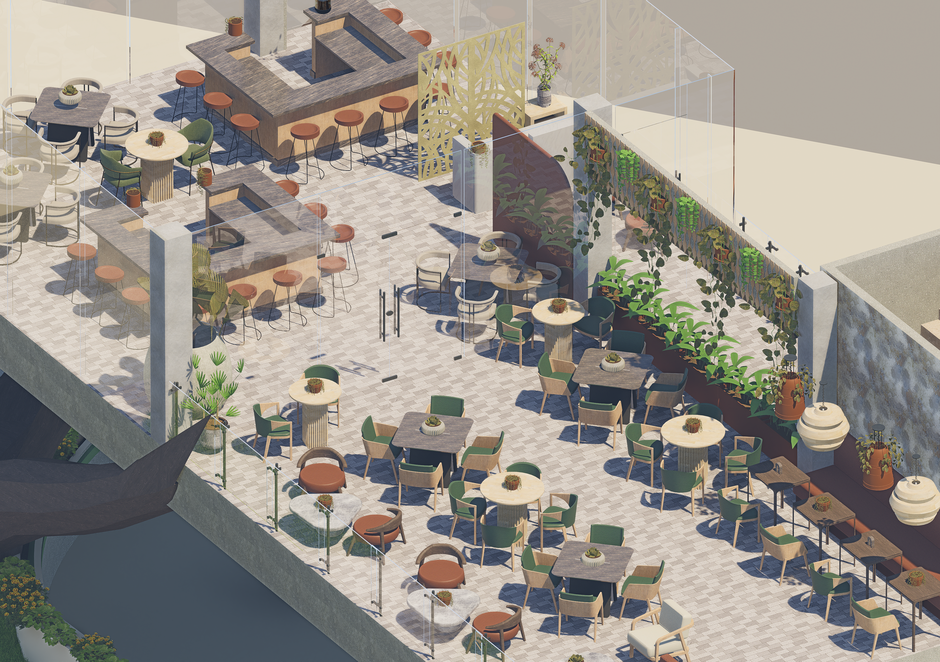 Terraza-cafetería en la azotea con numerosas mesas redondas, sillas y plantas de plaza comercial TO