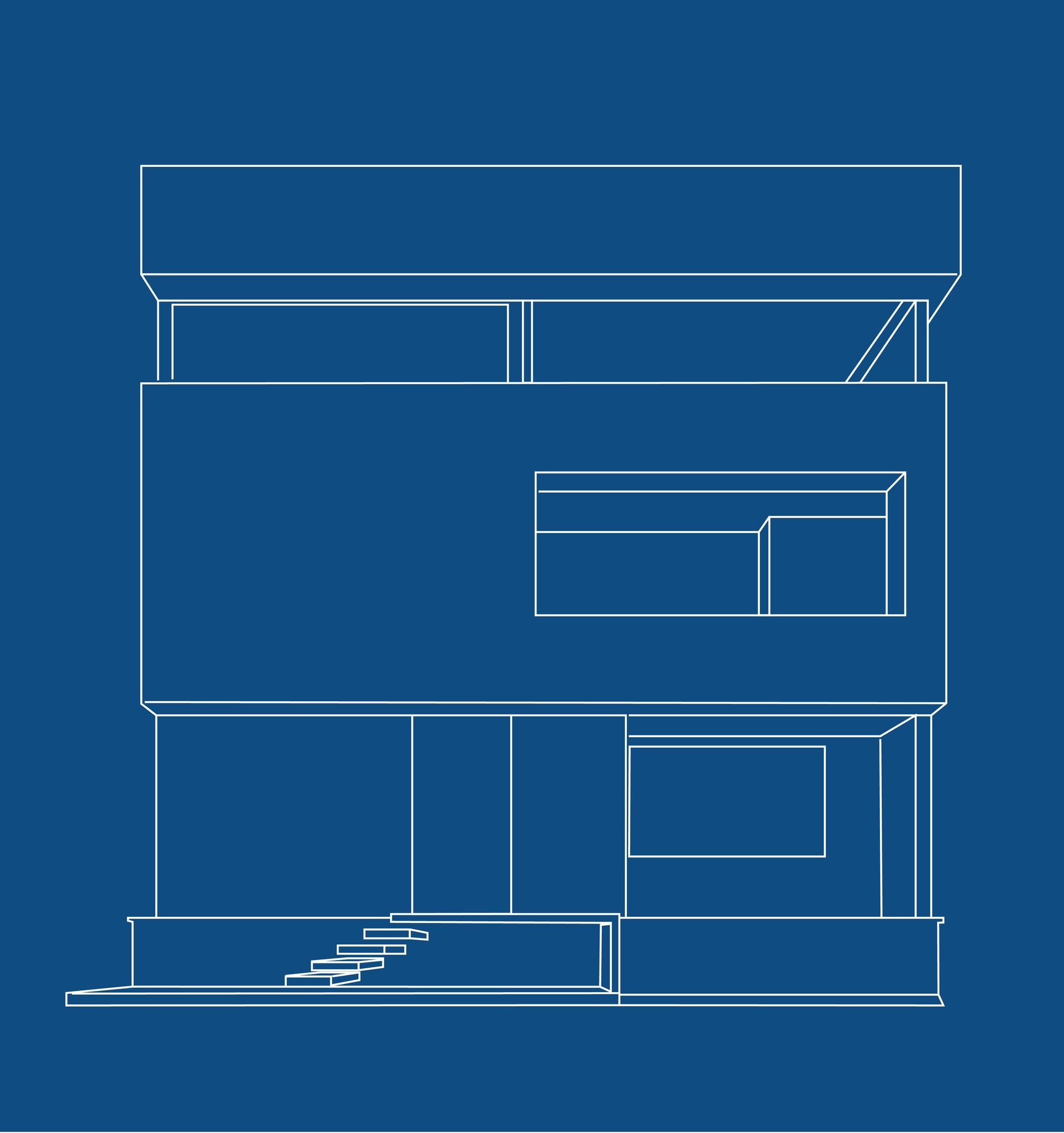 Plano arquitectónico azul de la fachada de una casa moderna con balcones y escaleras.