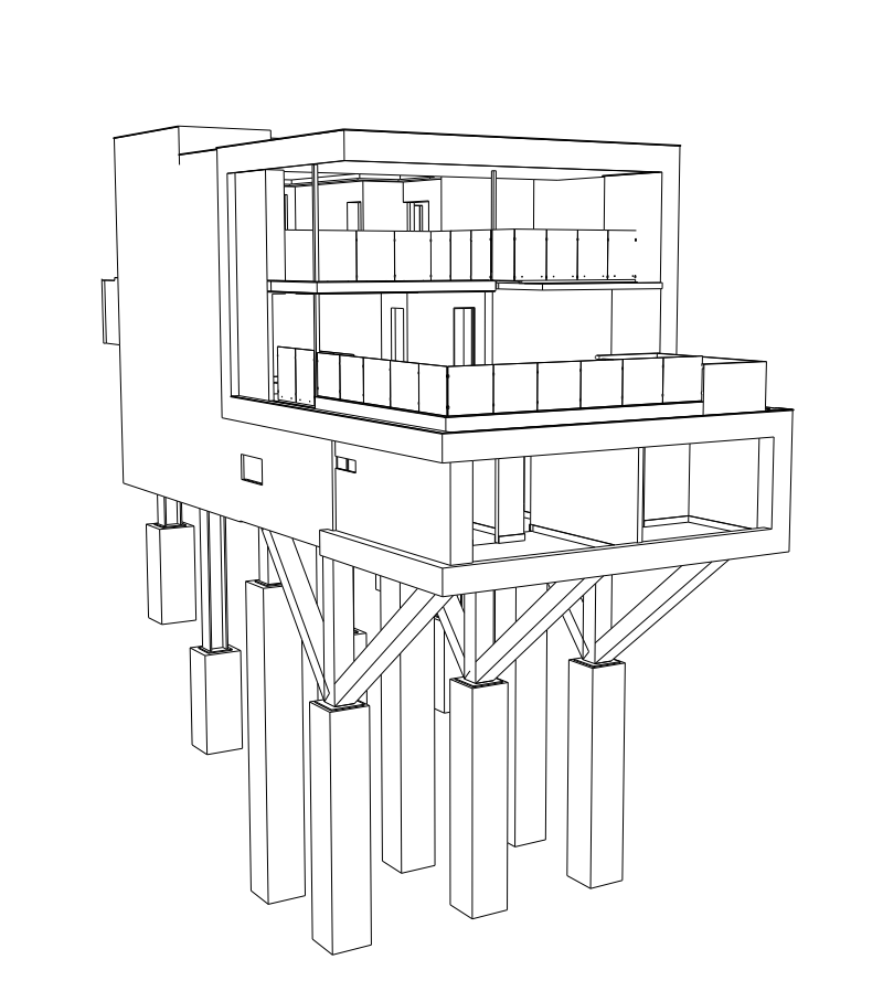 Dibujo lineal de una casa moderna sobre pilotes altos con terraza y escaleras.