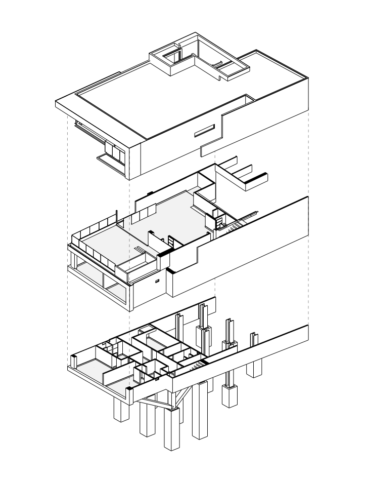 Dibujo arquitectónico despiezado de una casa moderna que muestra los pisos, el techo y los cimientos en capas.