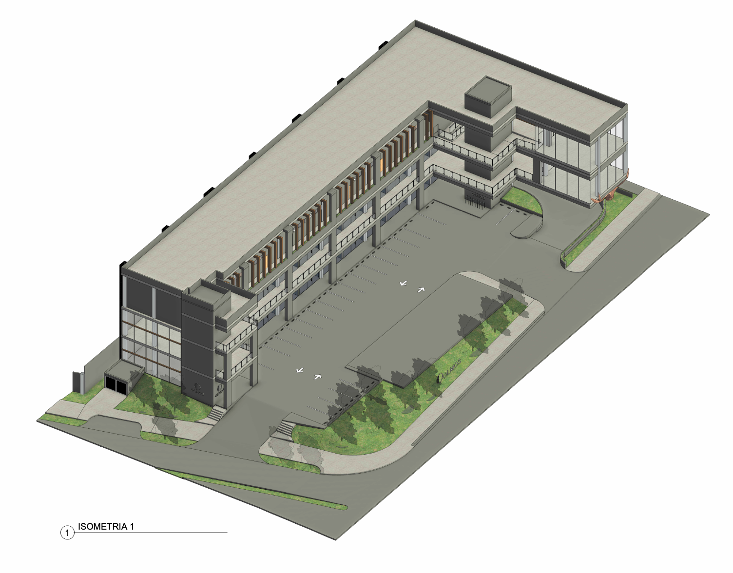 Representación 3D de un edificio industrial moderno con aparcamiento y árboles.