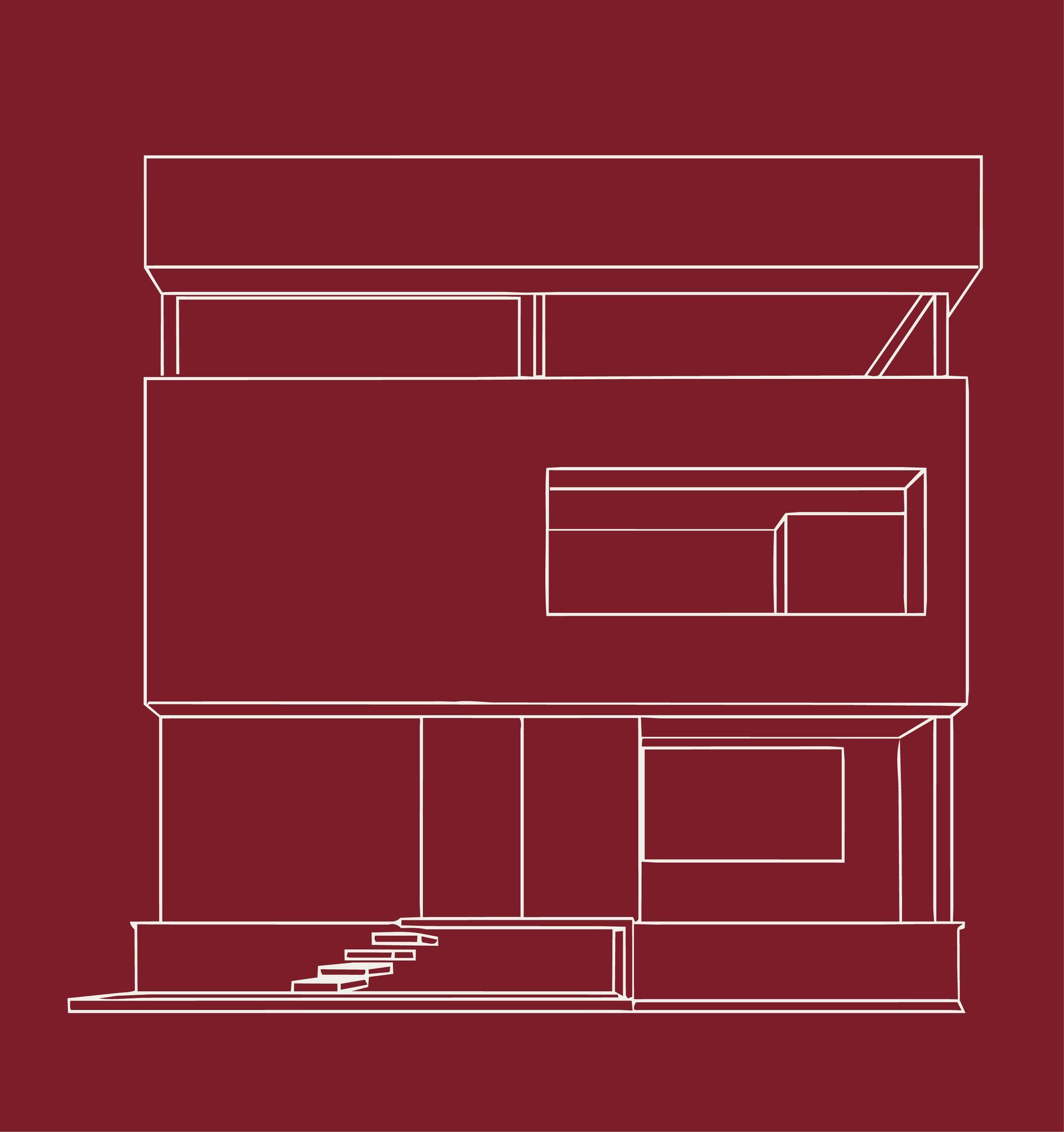 Plano arquitectónico azul de la fachada de una casa moderna con balcones y escaleras.