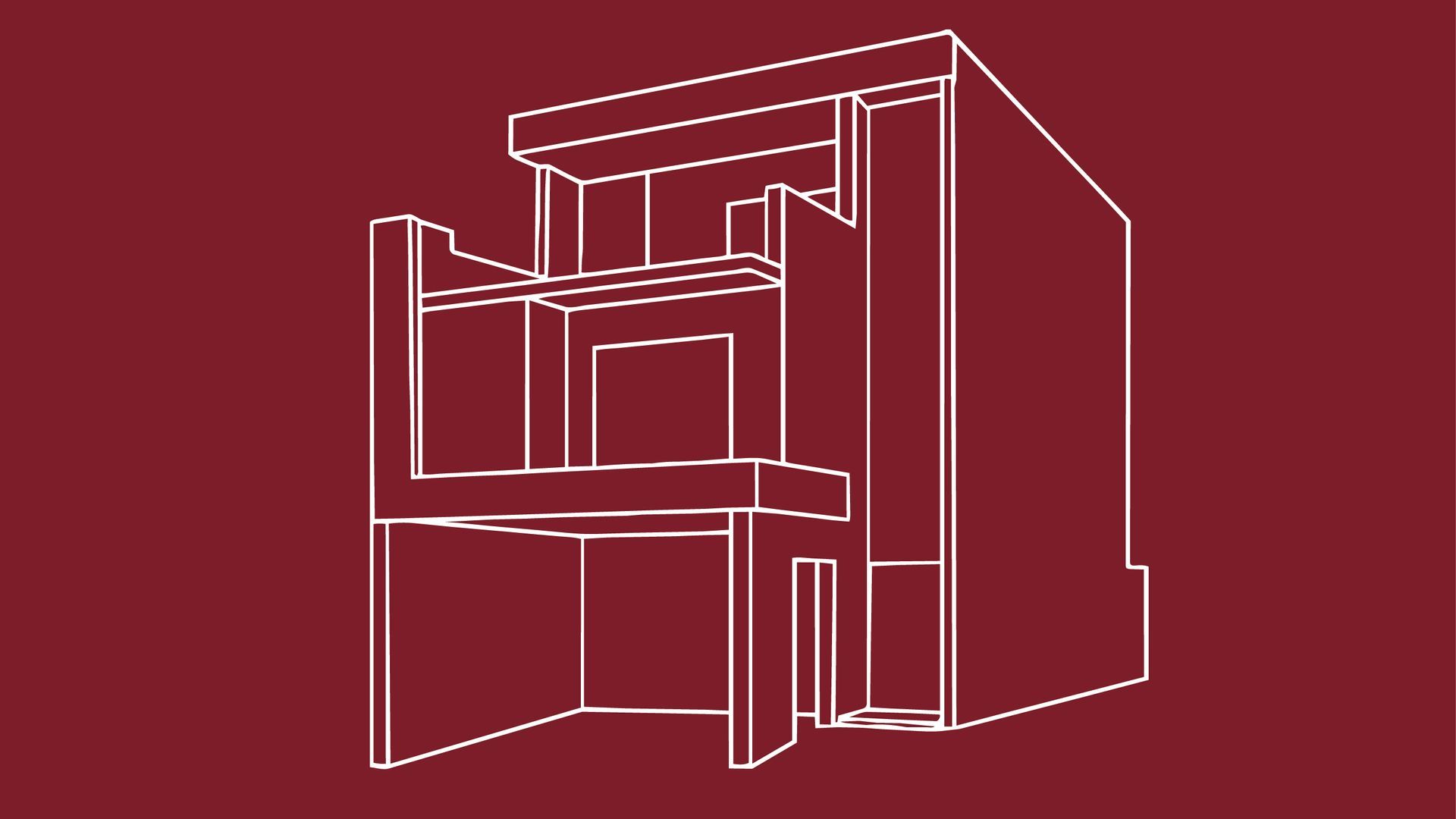 Boceto arquitectónico en blanco y negro de un edificio moderno sobre fondo azul.