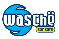 Logotipo blanco y azul de “wäschi car care” sobre un fondo blanco.