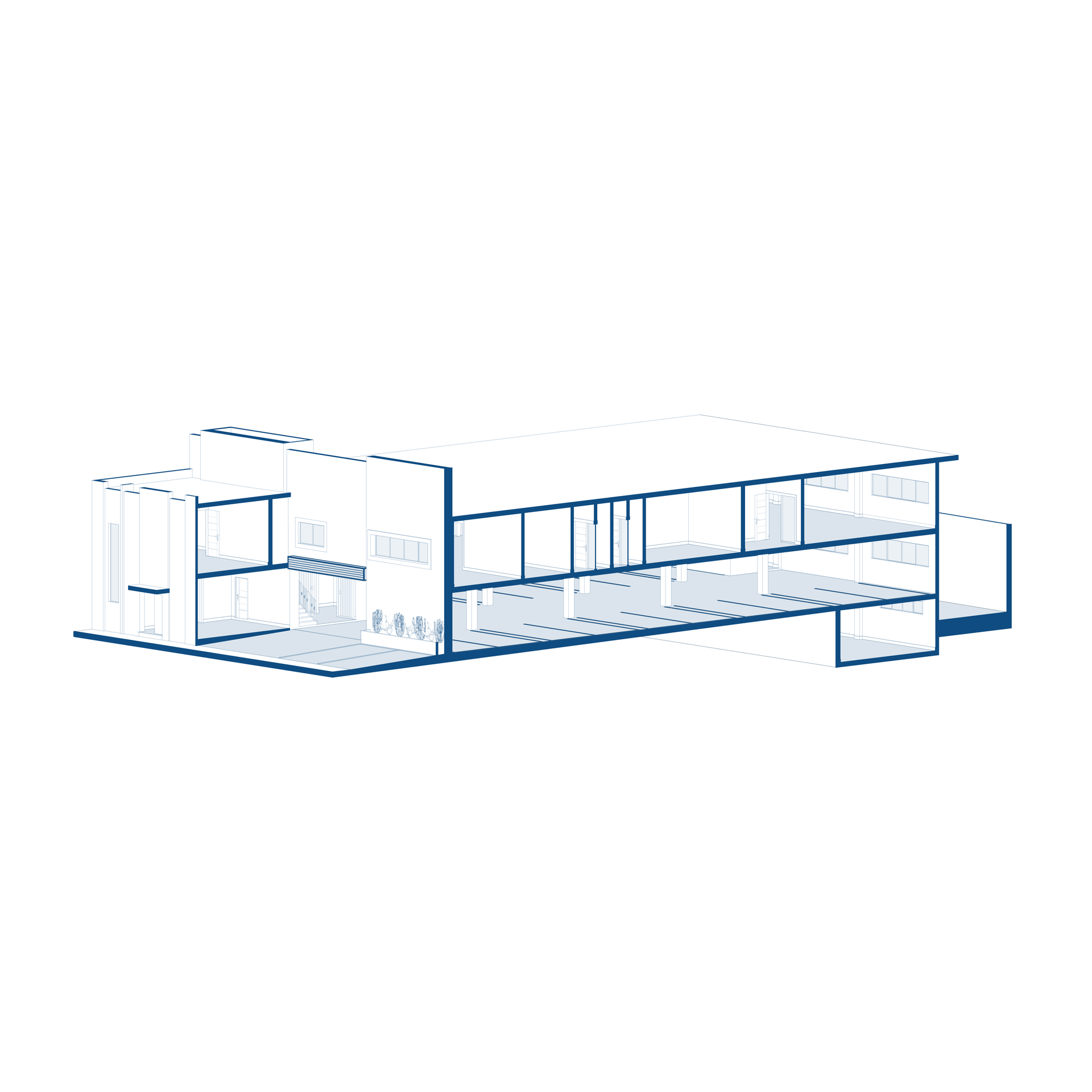 Dibujo lineal en azul de la planta de un edificio modular moderno con habitaciones abiertas y un largo pasillo acristalado.