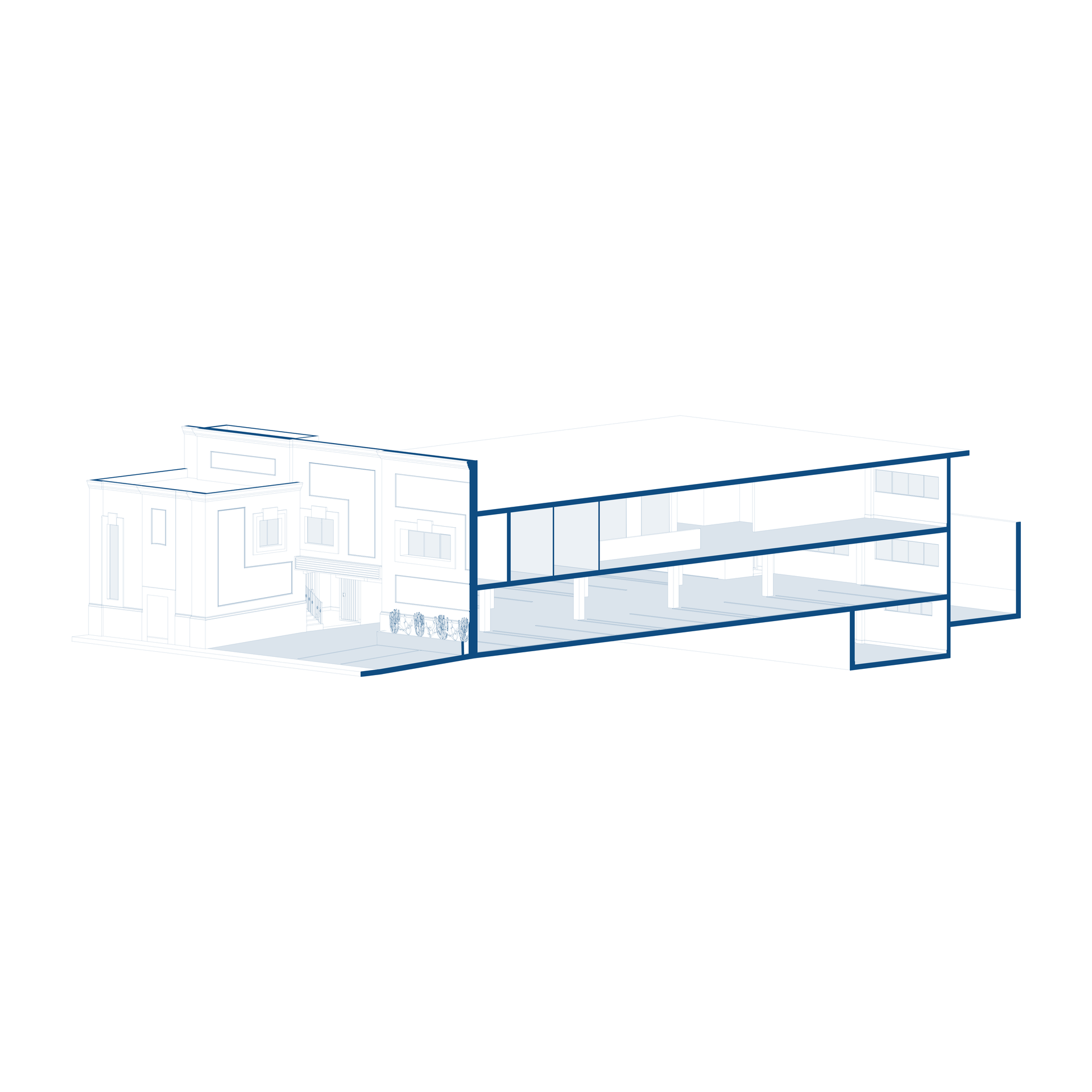 Dibujo lineal minimalista en azul de la planta de un edificio moderno o sección arquitectónica.