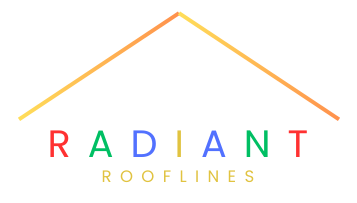 A logo for radiant rooflines with a rainbow colored roof