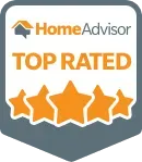 HomeAdvisor Top Rated badge with five orange stars on a gray background.