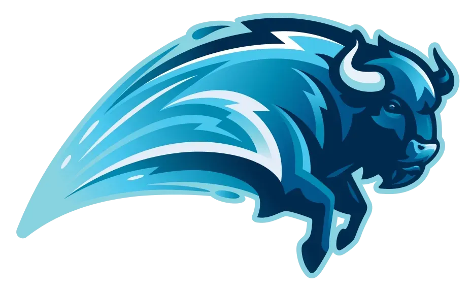 Blue bison mascot with stylized speed lines.
