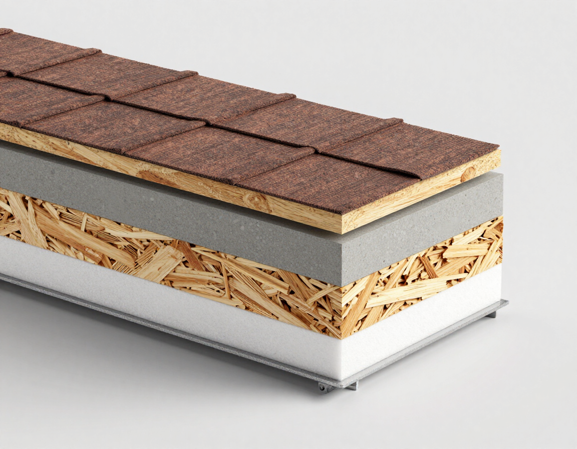 Sección transversal de un panel de techo multicapa con tejas marrones, aislamiento gris, OSB y capa base blanca.
