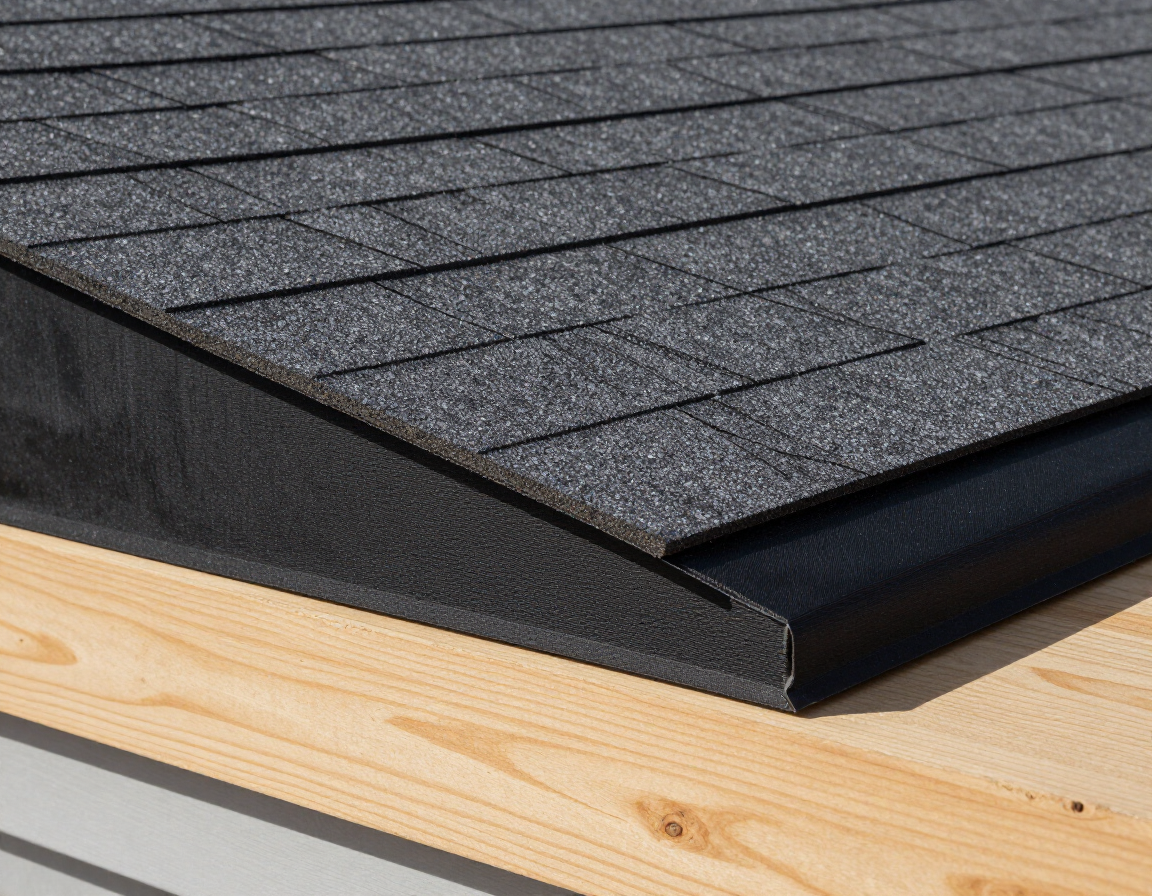 Primer plano del borde de un tejado de tejas negras sobre una estructura de madera clara.