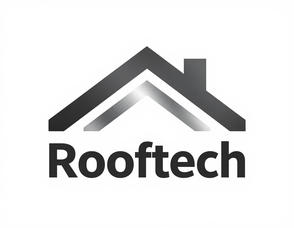 Logotipo de Rooftech con un icono de techo gris y texto negro en negrita sobre fondo blanco.